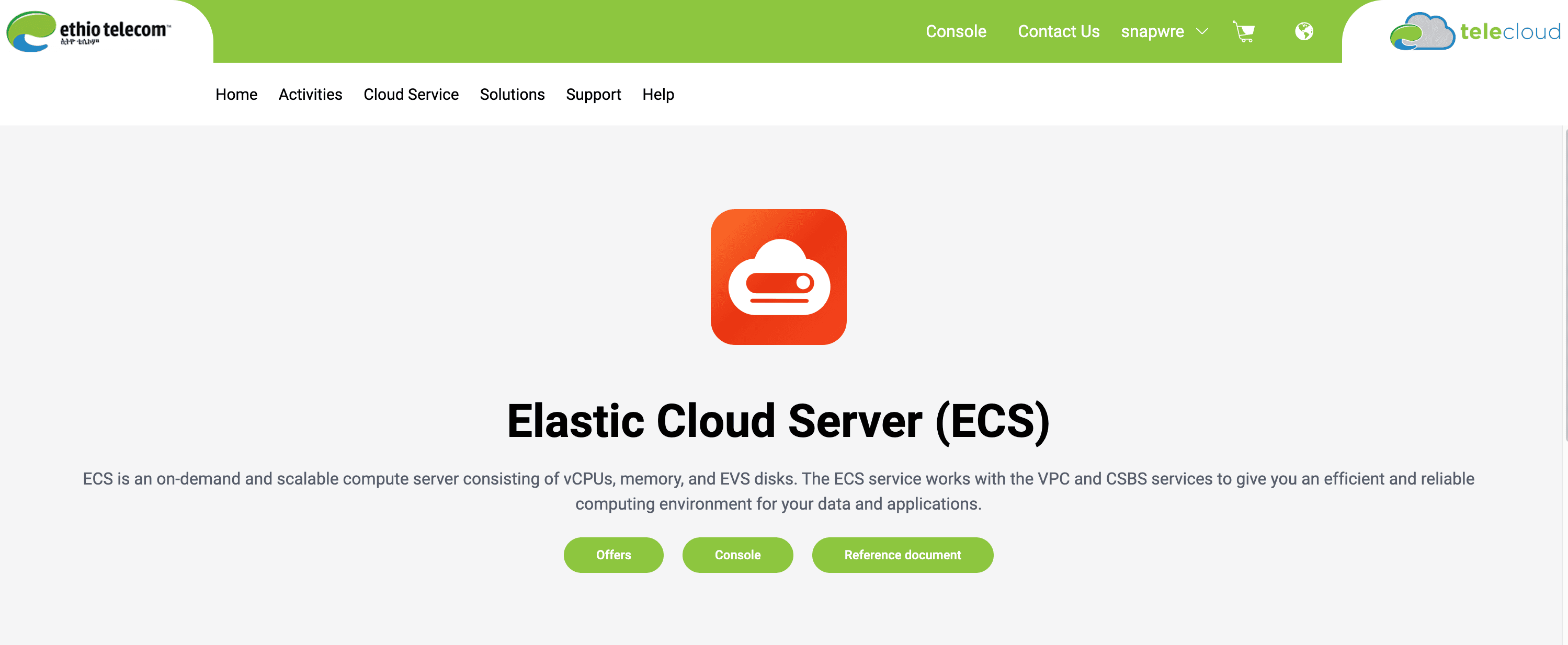 Telecloud shop showing the Console link in the green top navigation and another Console button on the ECS page